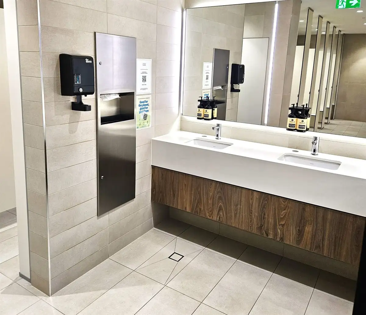 Fresher Breath station beside washroom vanities